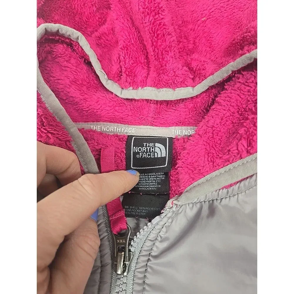 The North Face Kids Girls Large 14/16 Jacket Pink Gray Oso Fleece Hood Zip Front
